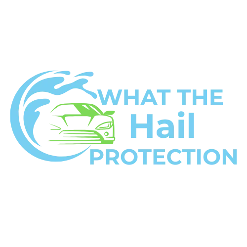 Hail protection logo with car shielded by wave design, symbolizing vehicle and roof defense